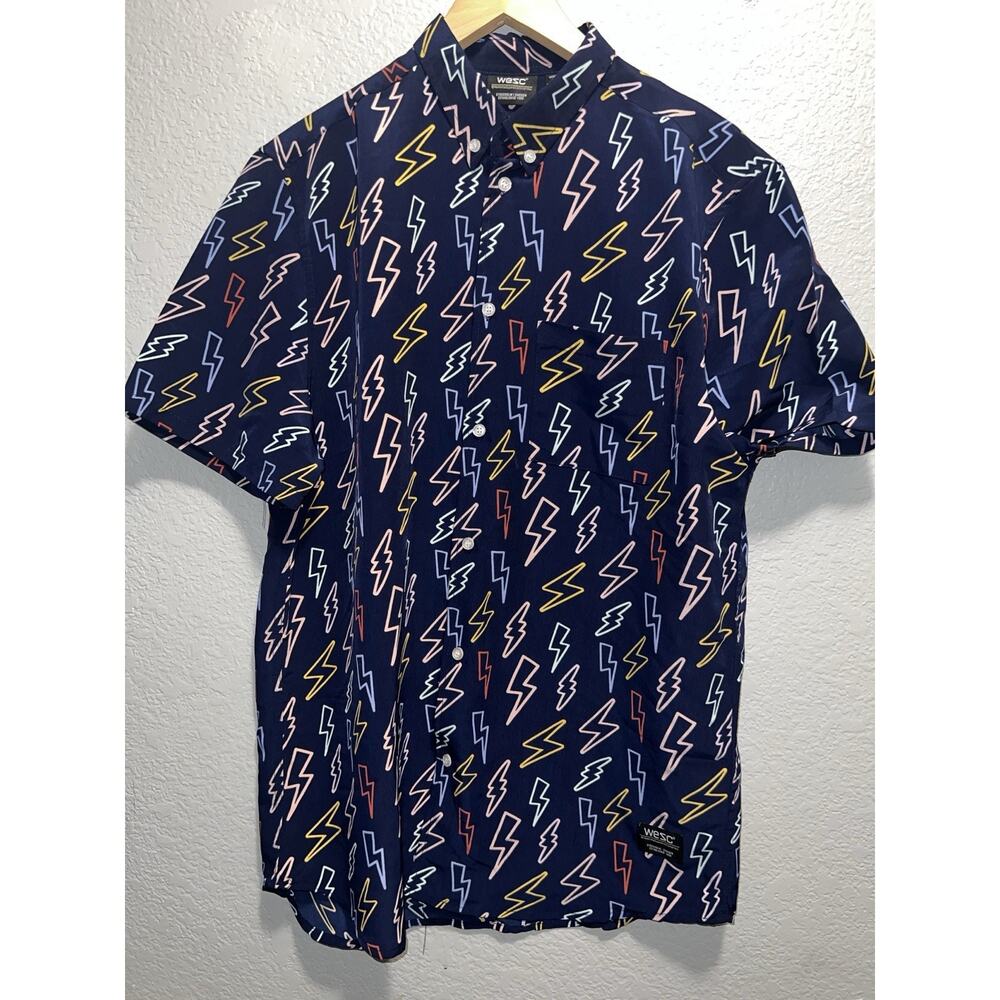 WESC Unisex Short Sleeve Button Shirt lightning bolt print Size M mens L womens